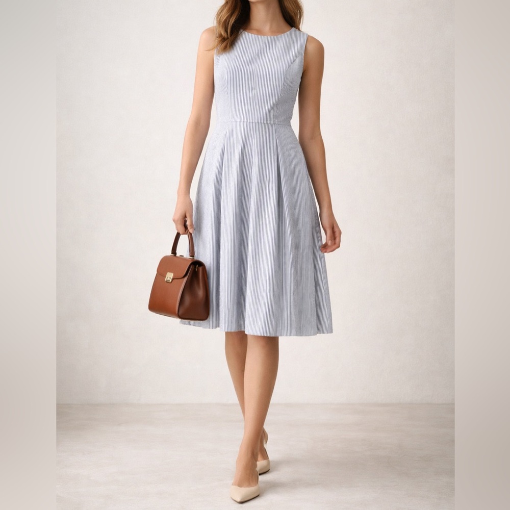 J.Crew 365 Blue White Pinstripe Sleeveless Fit And Flare Dress